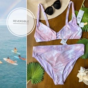 ROXY Set - Orchid Sea Waves Sporty Bikini Top & High Waist Full Cut Bottoms L